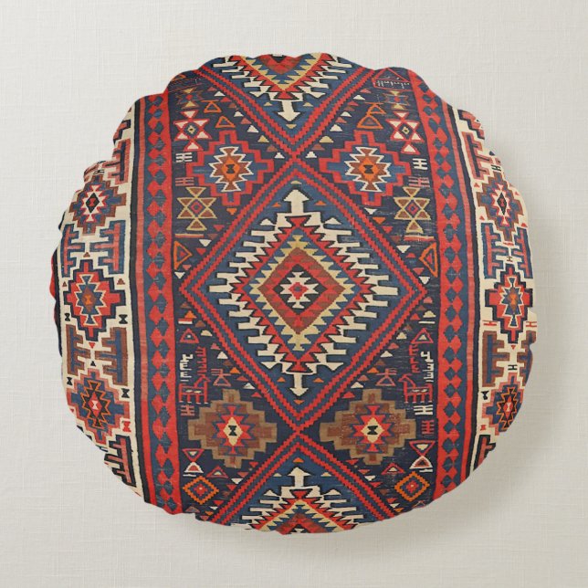 Turkiet Kilim Aztec Red Blue Tan  Rund Kudde (Framsidan)