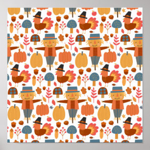 Turkiet och Fågelskrämma Thanksgiving Mönster Poster