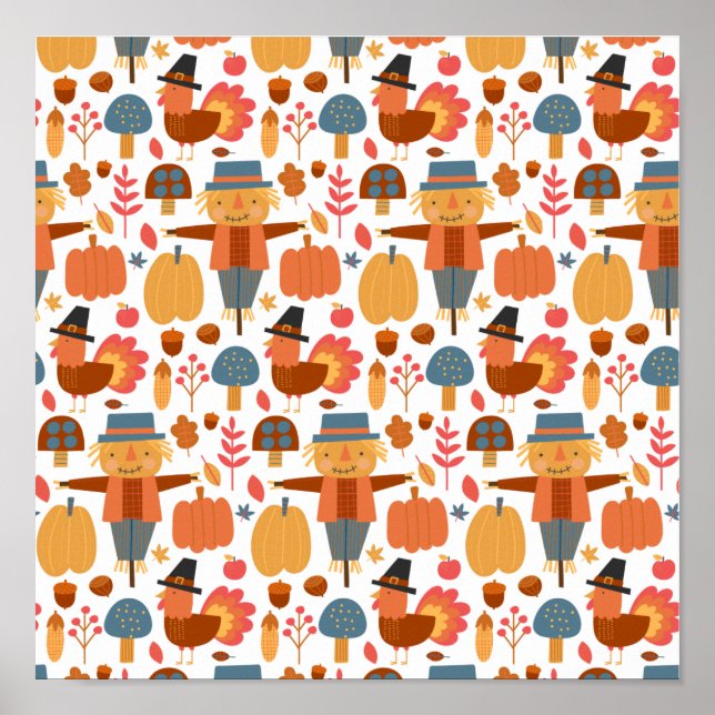 Turkiet och Fågelskrämma Thanksgiving Mönster Poster (Framsidan)