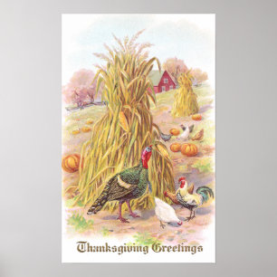 Turkiet och Flock of Chickens Vintage Thanksgiving Poster