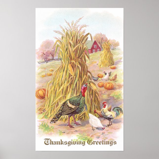 Turkiet och Flock of Chickens Vintage Thanksgiving Poster (Framsidan)