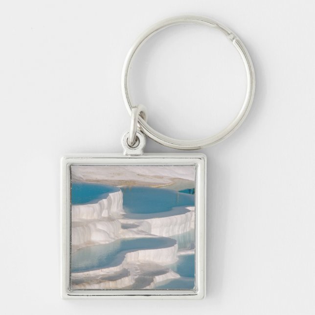 Turkiet, Pamukkale Cotton Castle). Fyrkantig Silverfärgad Nyckelring (Framsidan)