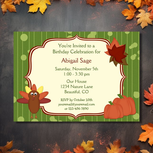 Turkiet, påvlar och Lämnar födelsedagsinbjudan Inbjudningar (Front - Turkey, Pumpkins and Leaves Birthday Invitation)