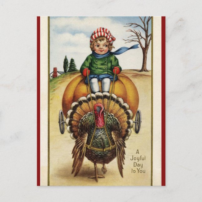Turkiet Pulling Child on Pumpkin Cart Thanksgiving Vykort (Framsida)