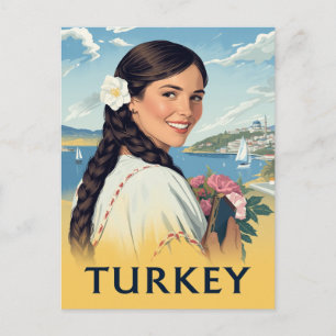 Turkiet Resa Affisch Leende Kvinna och Kust Vykort