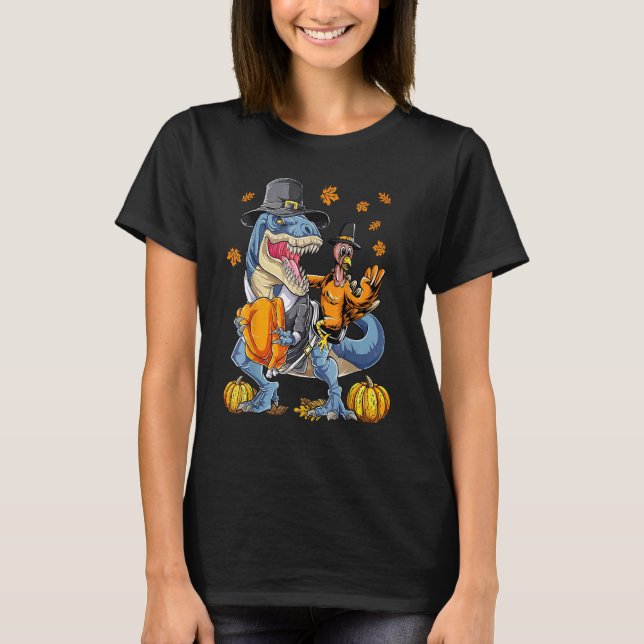 Turkiet Riding Dinosaur rex Thanksgiving Pilgrim B T Shirt (Framsida)