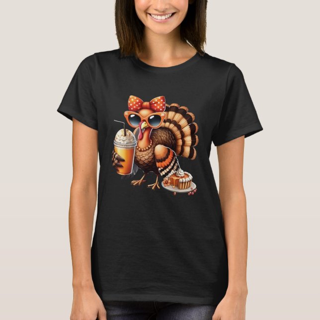 Turkiet som dricker kaffe Bow Thanksgiving Womens  T Shirt (Framsida)