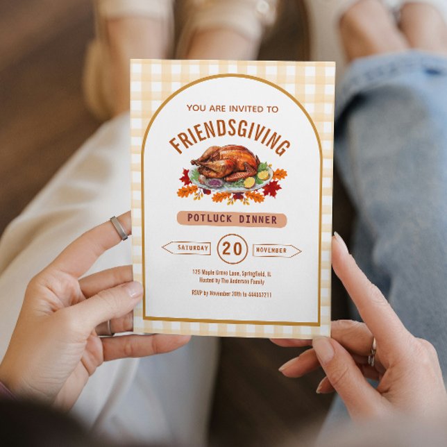 Turkiet tackdags Potluck Middag Arch Gingham Inbjudningar (Rustic Turkey Thanksgiving Dinner Gingham Fall Invitation)