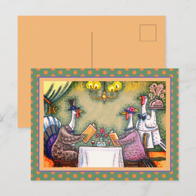 TURKIETS BRA DINING, THANKSGIVING BIRD HUMOR HELG VYKORT (Fram/baksida)