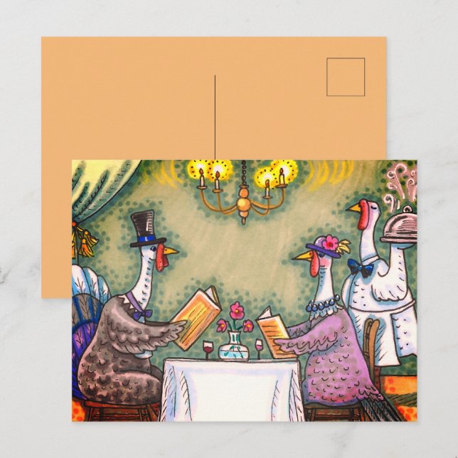 TURKIETS BRA DINING, THANKSGIVING BIRD HUMOR HELG VYKORT (Fram/baksida)