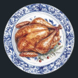 Turkiets middag på en blå kinoiseriplåt runt klistermärke<br><div class="desc">Den här juldekalen har en turkisk middag på en blå kinoiseriplåt.</div>