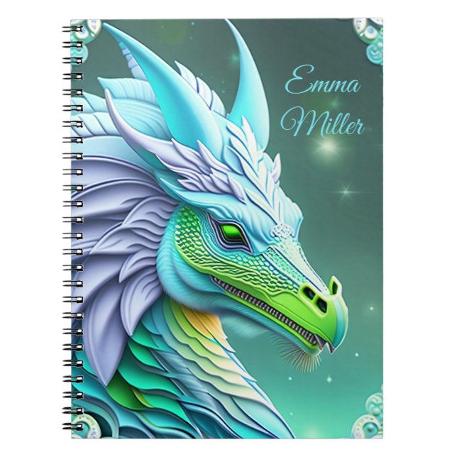 Türkiser Drache, fantasievolle Digital Art Anteckningsbok (Framsidan)