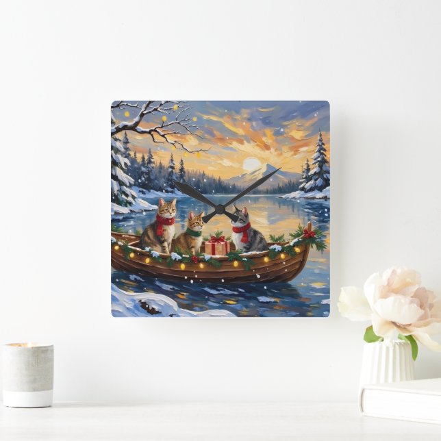 Turkish Angora Cat Christmas Boat Holiday Fyrkantig Klocka (Hem)