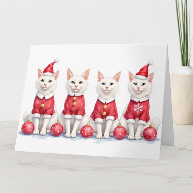 Turkish Angora Cat Christmas Dress Santa Hat Kort (Framsida)