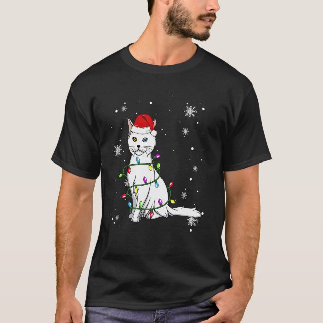 Turkish Angora Cat Christmas Lights Christmas Cat  T Shirt (Framsida)