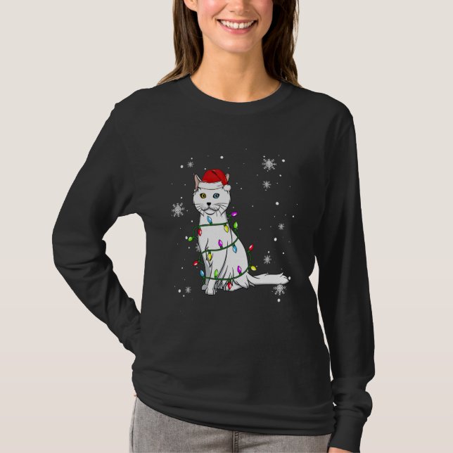 Turkish Angora Cat Christmas Lights Christmas Cat  T Shirt (Framsida)