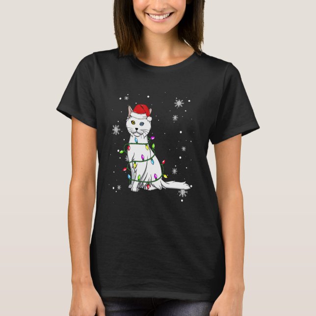 Turkish Angora Cat Christmas Lights Christmas Cat  T Shirt (Framsida)