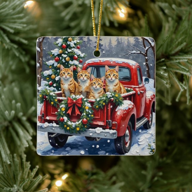 Turkish Angora Cat Christmas Red Truck Holiday Julgransprydnad Keramik (Träd)