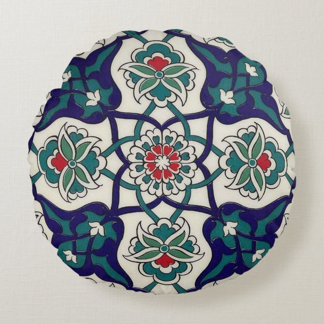 Turkish Blue Keramisk Blommotiv Rund Kudde (Framsidan)