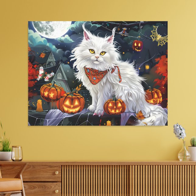 Turkisk angora Cat Halloween-taloky Canvastryck (Insitu (Vardagsrum))