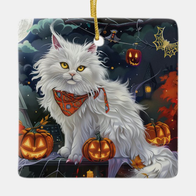 Turkisk angora Cat Halloween-taloky Julgransprydnad Keramik (Framsida)