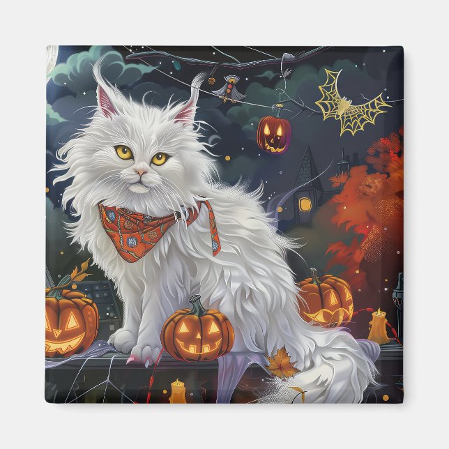 Turkisk angora Cat Halloween-taloky Magnet (Framsidan)