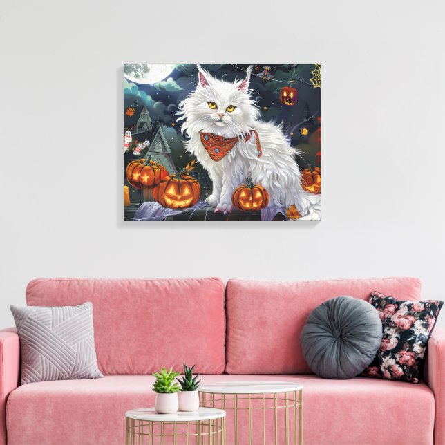 Turkisk Angora Katt Halloween Kuslig Canvastryck (Insitu (Vardagsrum))