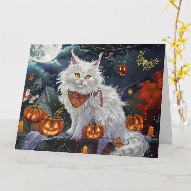 Turkisk Angora Katt Halloween Kuslig Kort (Gul blomma)