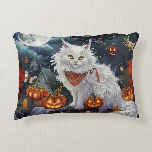 Turkisk Angora Katt Halloween Kuslig Prydnadskudde (Framsidan)