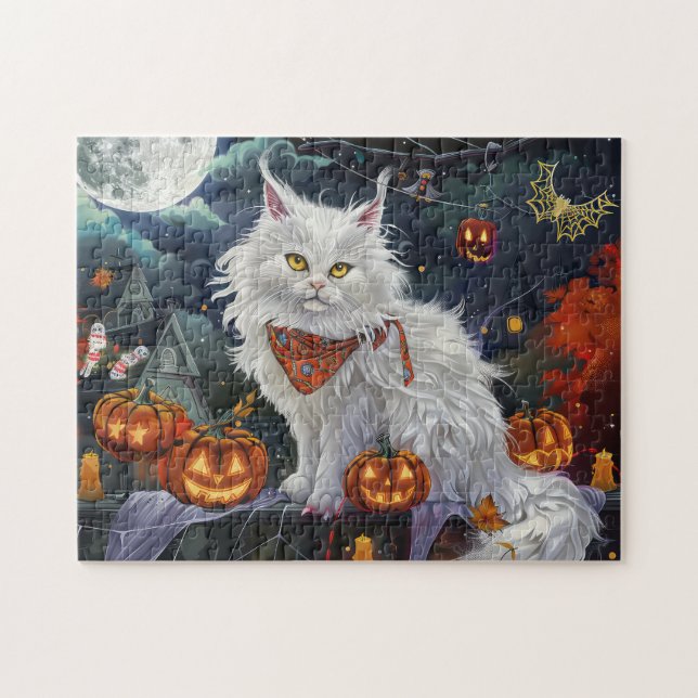 Turkisk Angora Katt Halloween Kuslig Pussel (Horisontell)