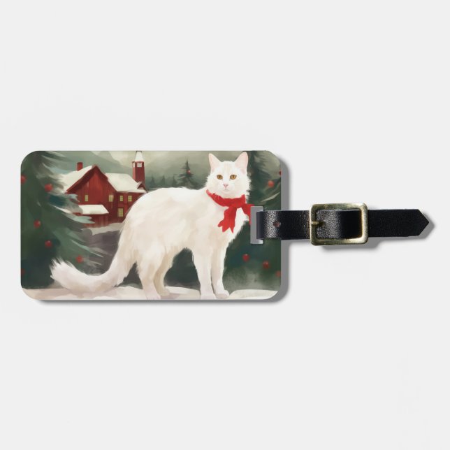 Turkisk Angora Katt i Snö Jul Bagagebricka (Horisontell Framsida)