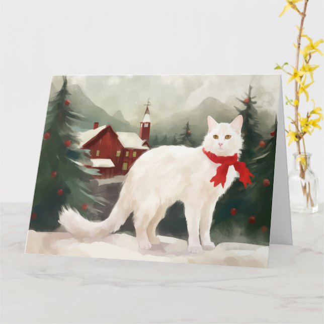 Turkisk Angora Katt i Snö Jul Kort (Gul blomma)