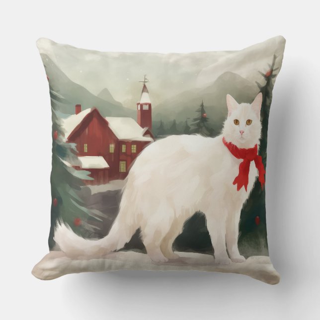 Turkisk Angora Katt i Snö Jul Kudde (Framsida)