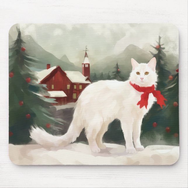 Turkisk Angora Katt i Snö Jul Musmatta (Framsidan)