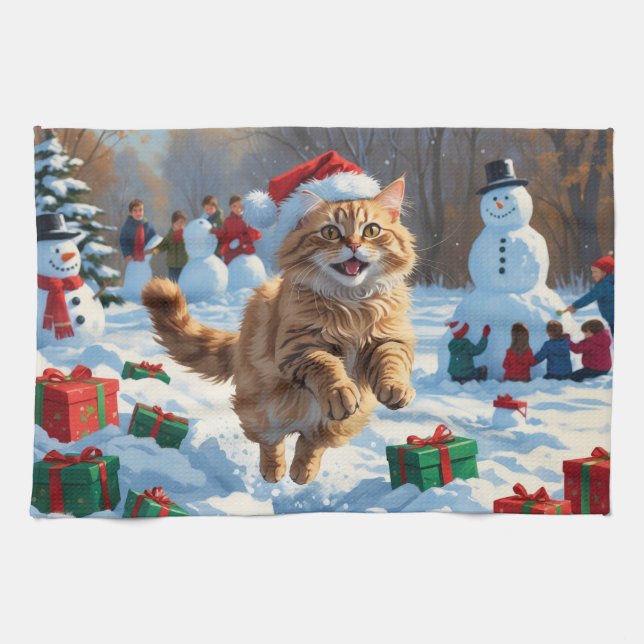 Turkisk Angora Katt Springar i Snö Julhatt Kökshandduk (Horisontell)