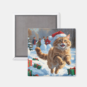 Turkisk Angora Katt Springar i Snö Julhatt Magnet