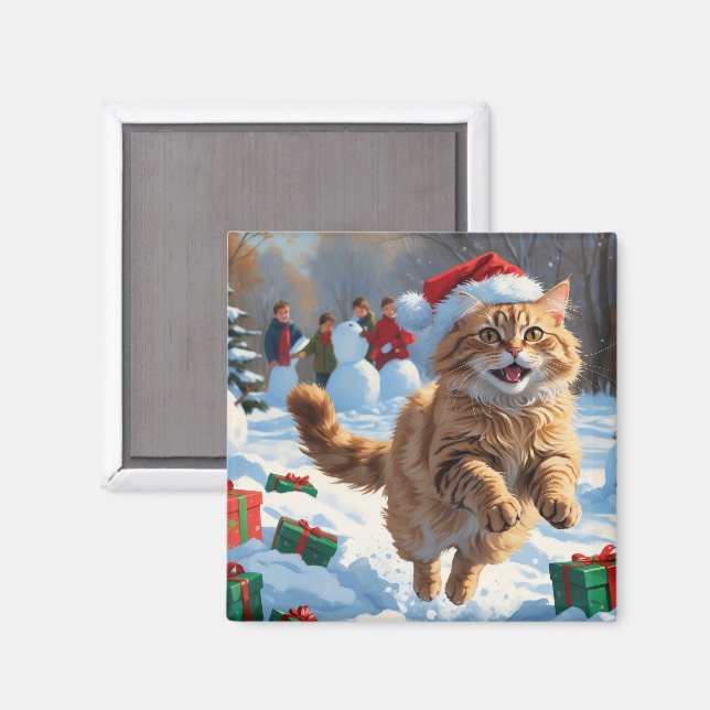 Turkisk Angora Katt Springar i Snö Julhatt Magnet (Front/Back)