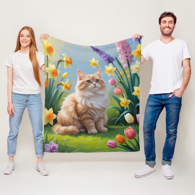 Turkisk Angora Katt Vårblommor Målning Fleecefilt (På plats)