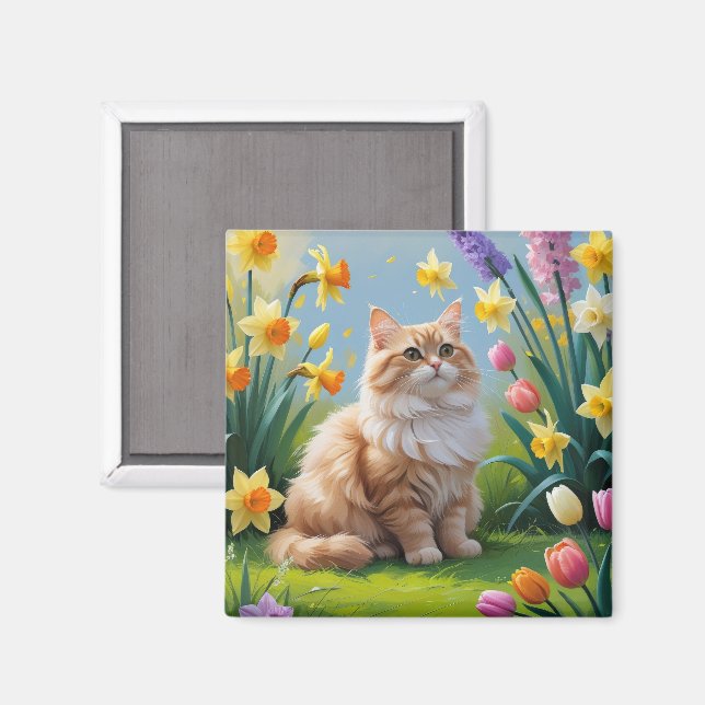 Turkisk Angora Katt Vårblommor Målning Magnet (Front/Back)