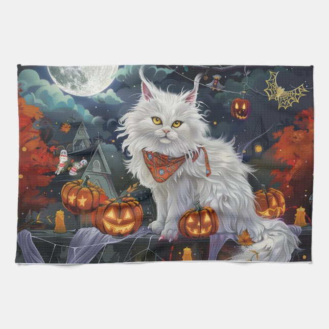 Turkisk Angorakatt Halloween Kuslig Kökshandduk (Horisontell)