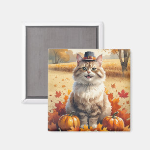 Turkisk Angorakatt Höstblad Tacksgiving Konst Magnet