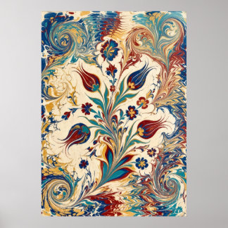 Turkisk Ebru-marmorering Blommig Virvel Konst Poster