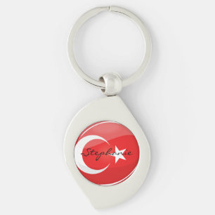 Turkisk flagga för glansig runda swirl silverfärgad nyckelring