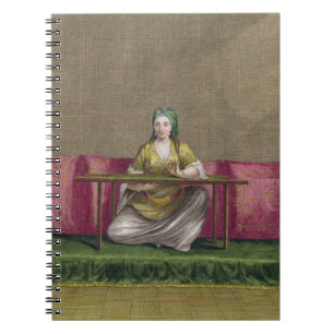 Turkisk flicka, broderar, 1700-talet (gravyr anteckningsbok med spiral