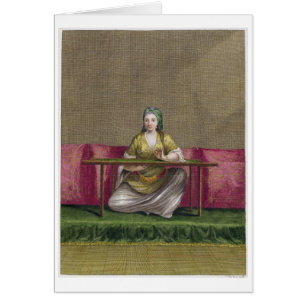 Turkisk flicka som broderar, 18th århundrade hälsningskort