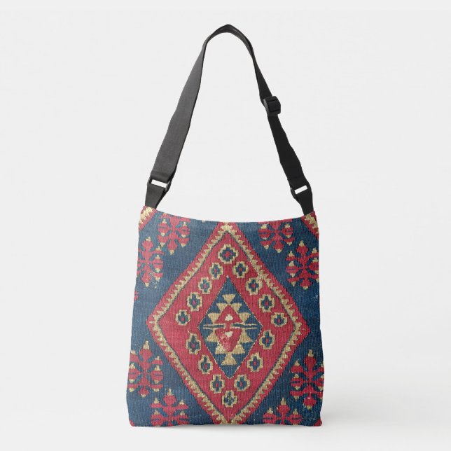 Turkisk Kilim Matta Antik Röd Blå Axelväska (Framsida)