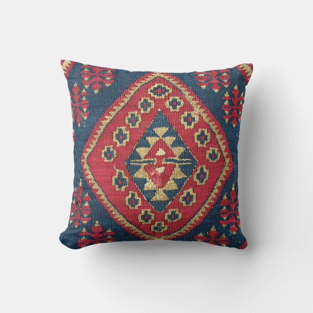 Turkisk Kilim Matta Antik Röd Blå Kudde (Framsida)
