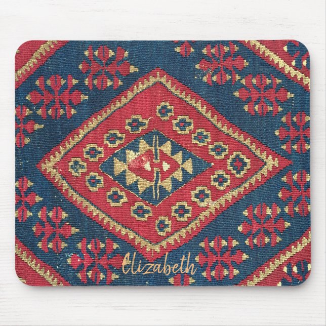 Turkisk Kilim Matta Antik Röd Blå Musmatta (Framsidan)