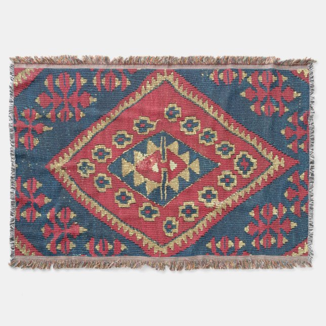 Turkisk Kilim Matta Runtgods Röd Blå Filt (Framsidan)