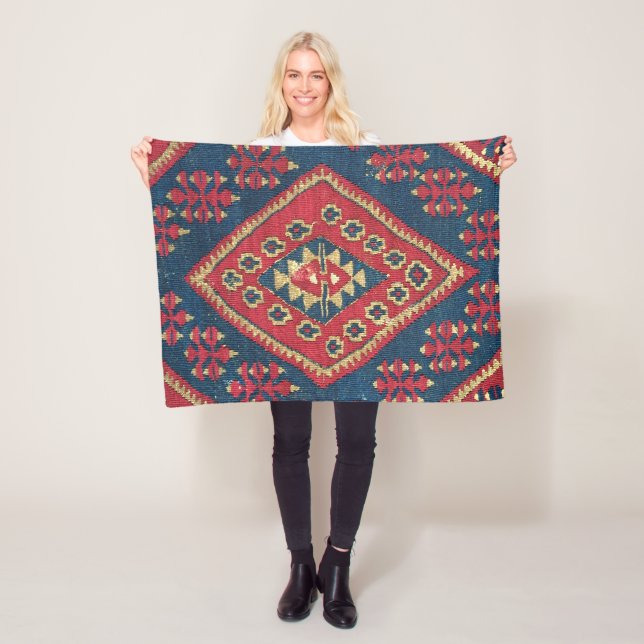Turkisk Kilim Matta Runtgods Röd Blå Fleecefilt (På plats)
